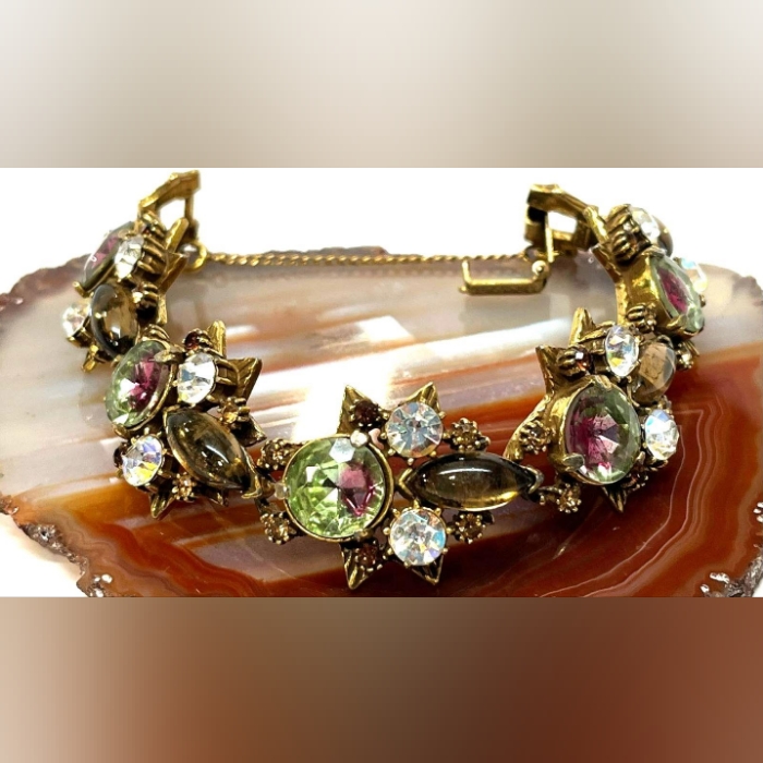 Florenza Watermelon Glass Ab Rhinestones Link Signed Vintage 1960s Bracelet 139$